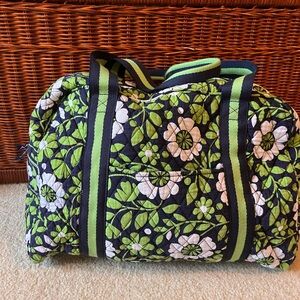 Green and Black Floral Travel Bag with Striped Handles